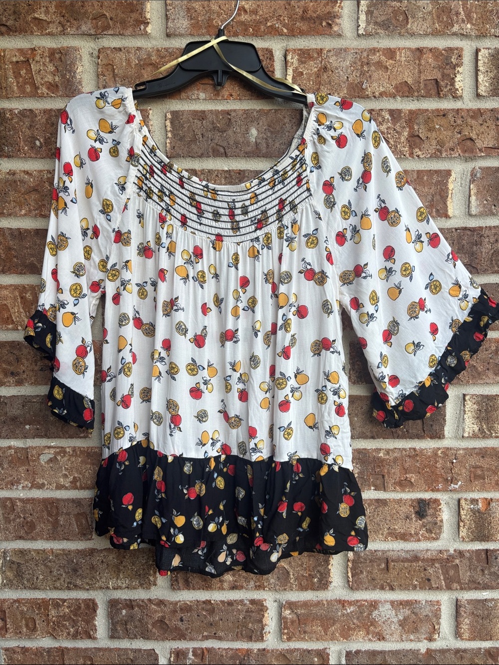 Democracy Boho White Floral Smocked Peasant Top fruit print
